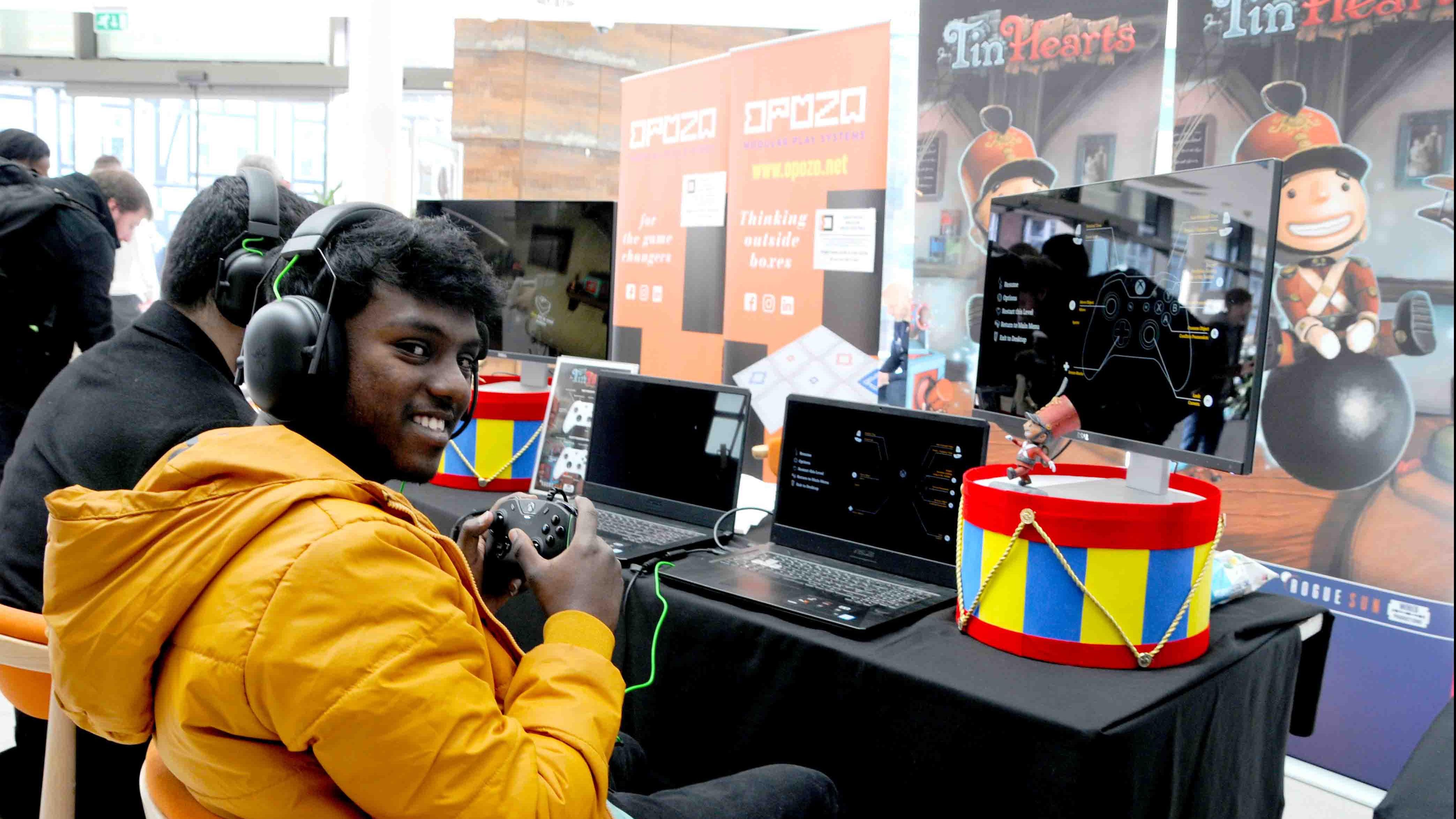 Student Suhas Aditya playing Tin Hearts at Guildford.Games Festival