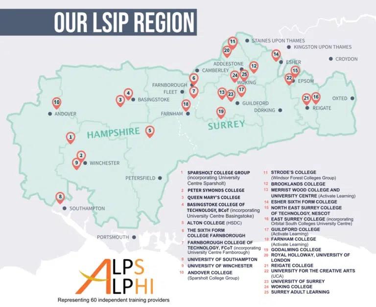 Graphic showing the LSIP region, covering Hampshire and Surrey